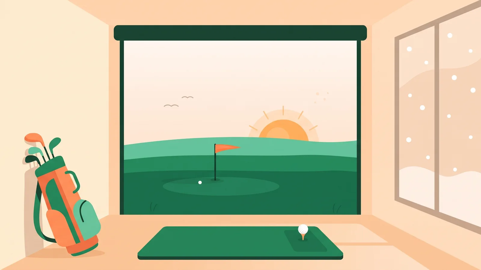 Illustration: Golfsimulator-Raum mit Leinwand, Abschlagmatte und Golfbag, draußen fällt Schnee